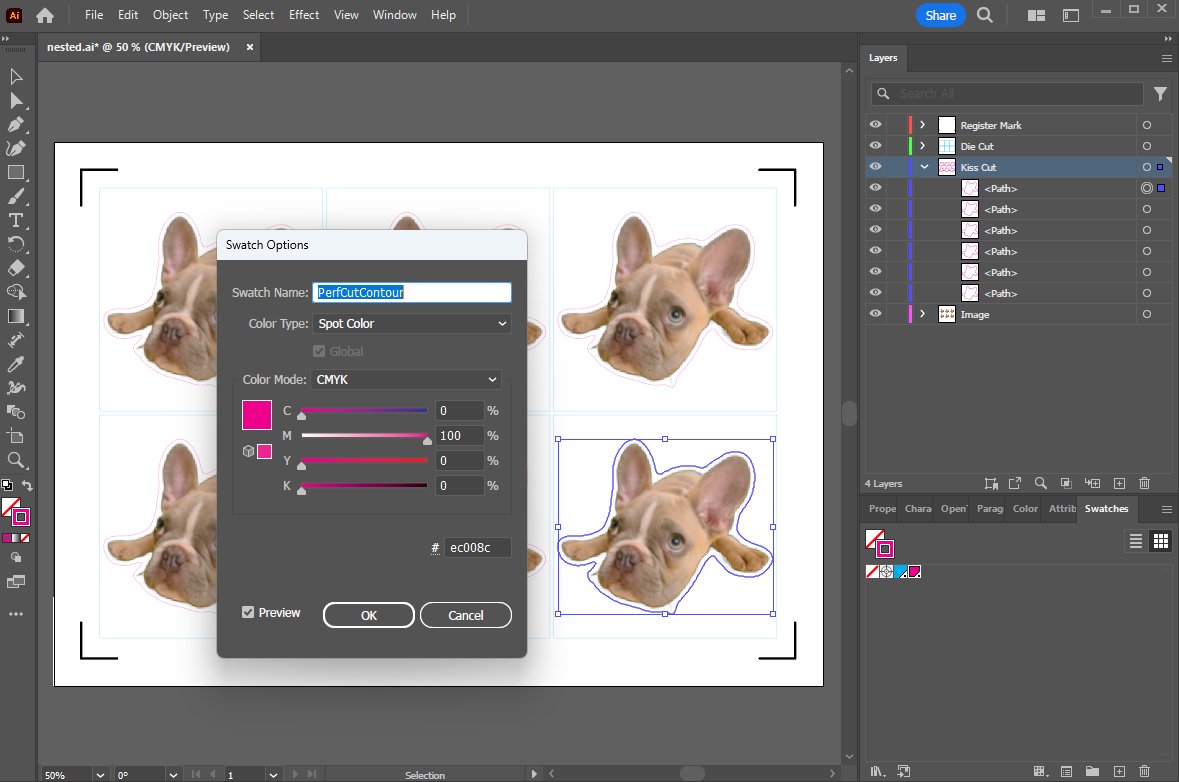 Adobe Illustrator Swatch Options dialog showing PerfCutContour defined as a Spot Color in CMYK mode, with the Layers panel displaying a four-layer file structure: Register Mark, Die Cut, Kiss Cut, and Image. Output produced by Pressria Bridge.