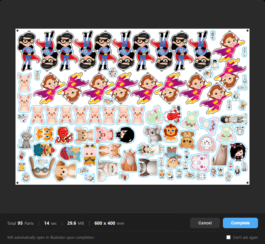 PB nesting result showing 95 keychain parts on a 600×400mm sheet, processed in 14 seconds, output size 29.6MB