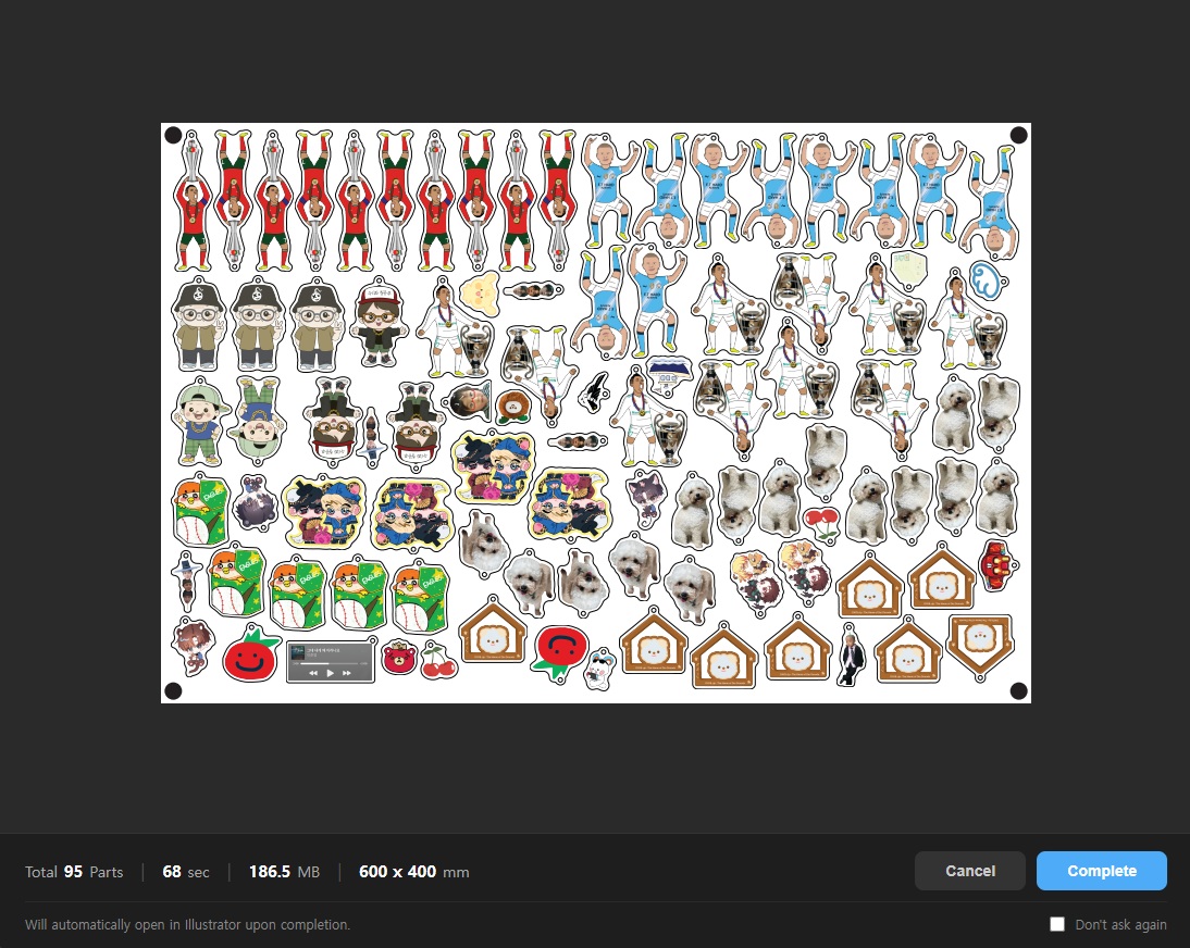 PB nesting result showing 95 keychain parts on a 600×400mm sheet, processed in 68 seconds, output size 186.5MB