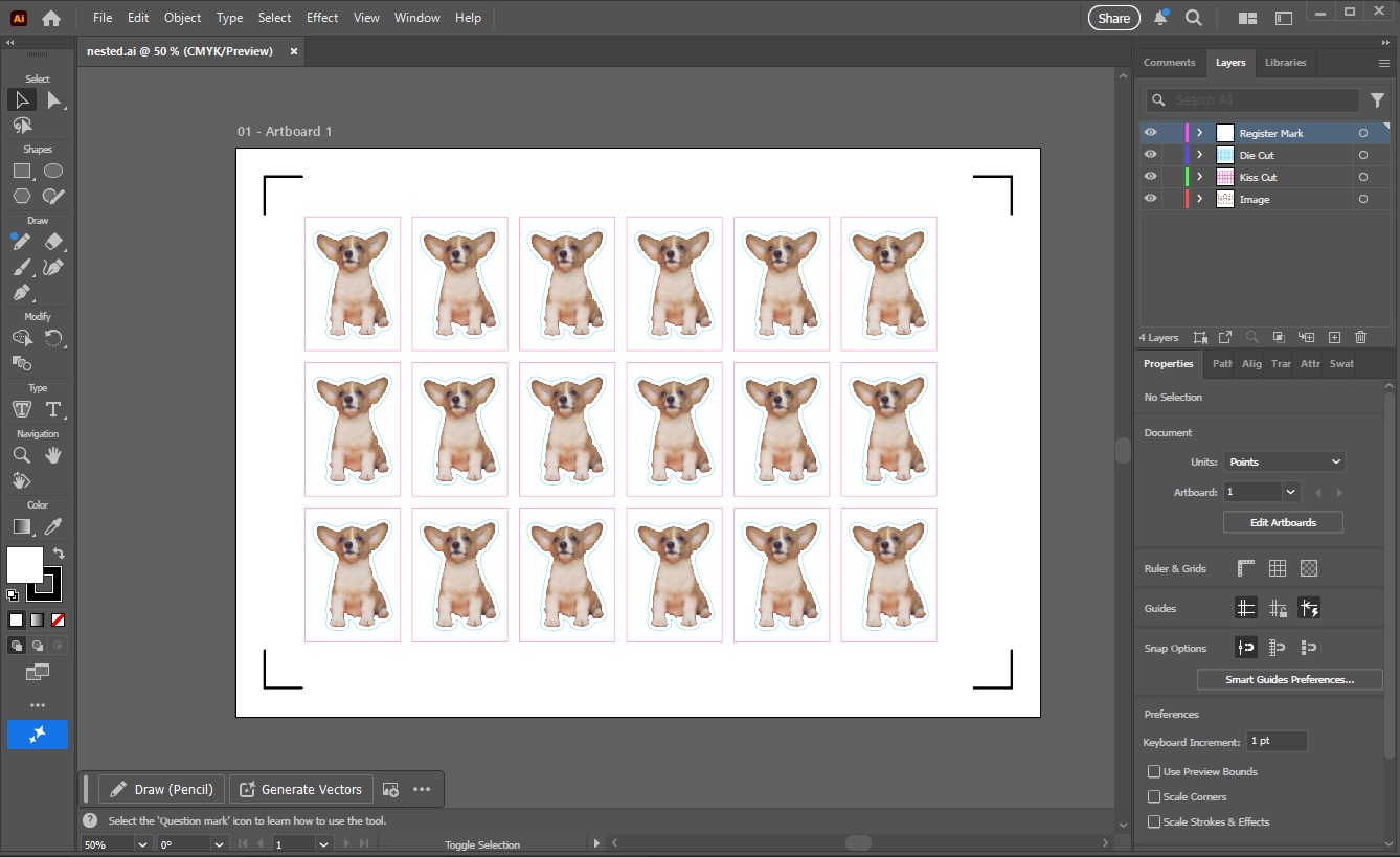 Adobe Illustrator window with nested.ai open at 50% CMYK Preview, showing 18 sticker placements on Artboard 1, with the Layers panel listing Register Mark, Die Cut, Kiss Cut, and Image