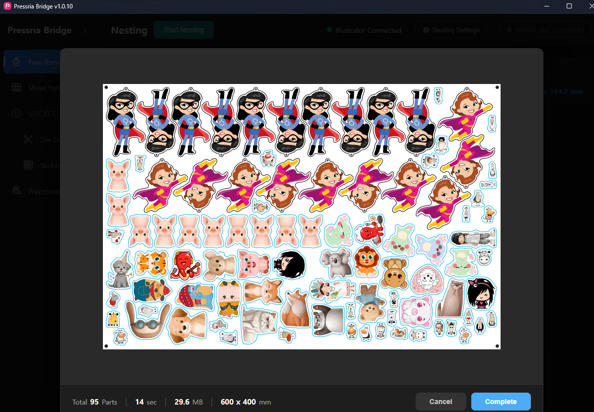 Pressria Bridge 네스팅 출력물: 트루 쉐이프 네스팅으로 배치된 다양한 모양의 캐릭터와 동물이 있는 UV 인쇄 아크릴 굿즈 시트. 각 조각은 청록색 CutContour 커팅 패스로 윤곽이 그려져 있으며, 시트 모서리에는 정렬 마크가 있습니다.