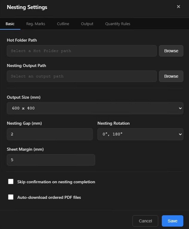 Nesting settings — Basic tab