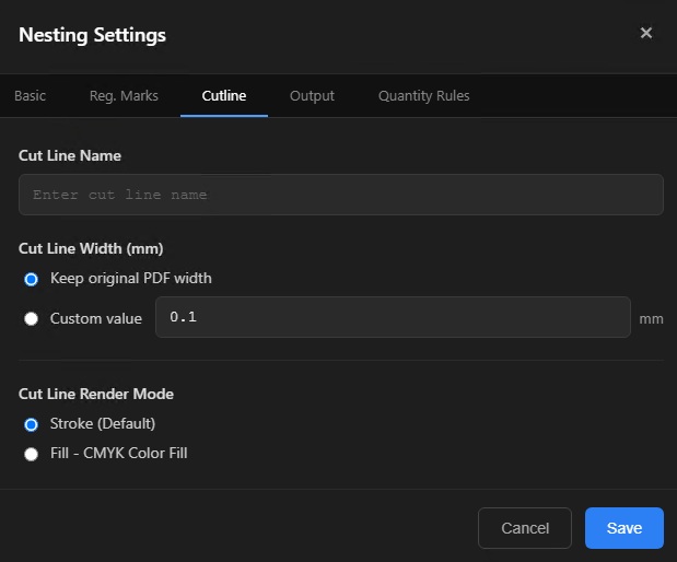Nesting settings — Cut Line tab