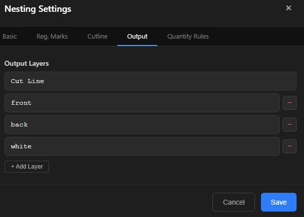 Nesting settings — Output tab