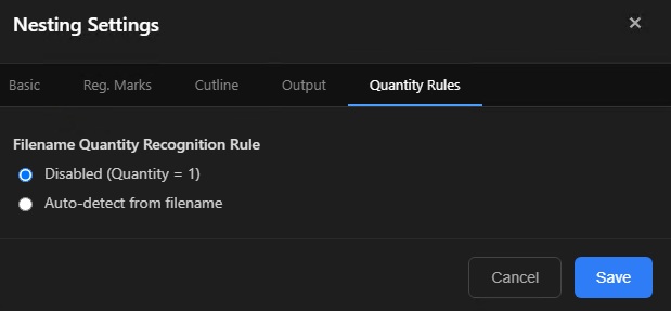 Nesting settings — Quantity Rules tab