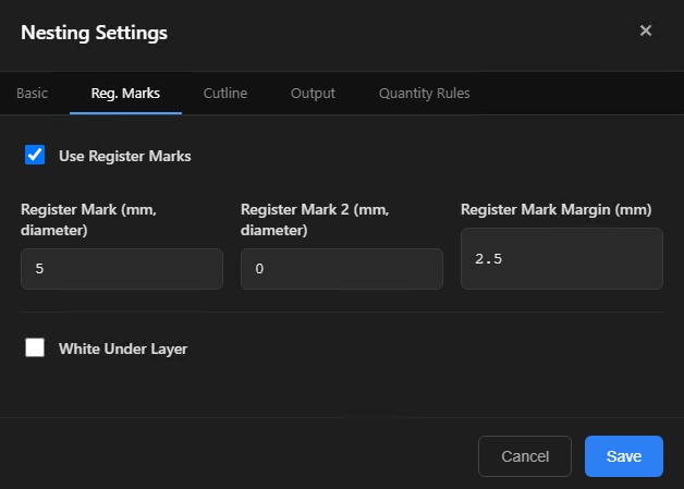 Nesting settings — Register Marks tab
