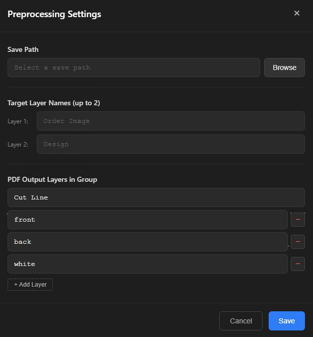 Preprocessing settings screen