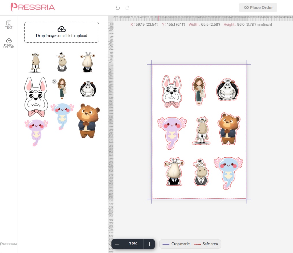 Pressria web sticker editor — a customer uploads artwork, arranges it on the sheet against crop marks and a safe area, and the cut line is generated automatically